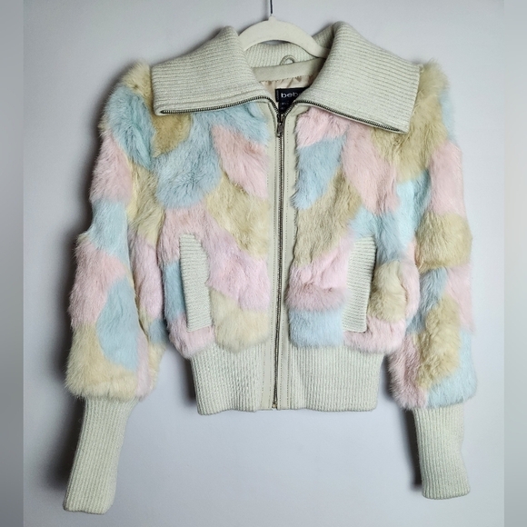 bebe rare rainbow multicolor rabbit fur coat sz S preppy Y2K lined - Picture 1 of 13